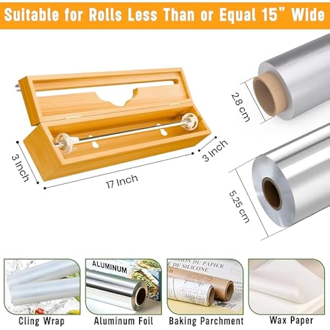 Bamboo Long Wrap Organizer Dispenser with Cutter for Kitchen Storage (3 Deep Drawer) for 15 Rolls, Reusable Mountable Space Saver for Saran Wrap, Aluminum Foil, Tin Foil, Wax Paper, Parchment Paper
