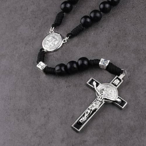 12mm Black Wood Beads Rosary with St.Benedict Metal Center Piece Necklace 21inch with Medal Crucifix for Men4
