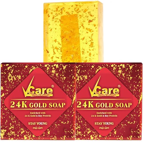 Image of VCare 24K Gold bath Soaps for women| Skincare Moisturizing Beauty Bathing Soap Bar | With 24K Gold & Soy Protein | Softer Skin | All Skin Types (Pack of 2) 125 g