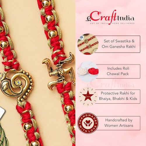Image of eCraftIndia Om Lord Ganesha Swastika Rakhi Set of 2 | Rakhi for Brother Bhaiya Bhai with Best Bro Ever Fridge Magnet | Roli Chawal Pack