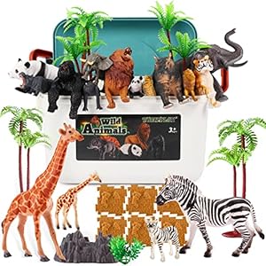 TOEY PLAY 52PCS Animal Figures Toys for Kids, Large and Small Wild Jungle Safari Animals Zoo Toy, Animal Mother and Child Set, Soil Blocks, Carry Case, Gifts for Kids Toddlers 3+ Years Old