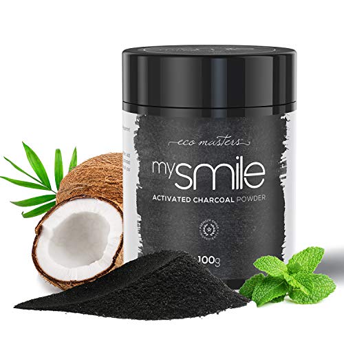 Blanqueador Dental Carbón Activado 100gr mysmile - Rico Bicarbonato de Sodio y Aceite de Menta, Carbón Activo de Coco 100% Natural y Vegano, Elimina Manchas Dentales, Polvo De Carbón Activo Dientes