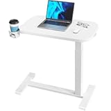 HUANUO Bedside Table with Wheels, Height-Adjustable Rolling Computer Cart, Overbed Table with Cup Holder, Pneumatic Laptop Standing Desk for Home Office, White (27.6" x 15.7")