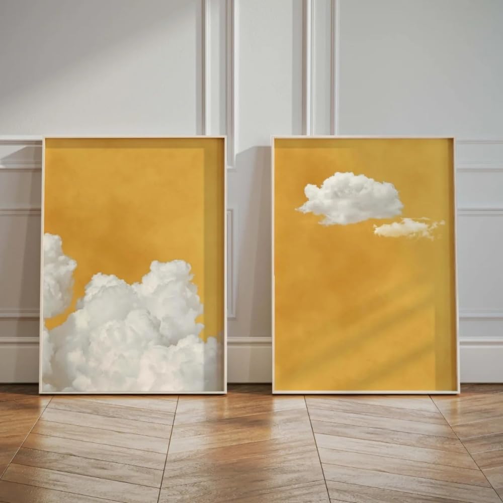 Hurcp Yellow/White Set Of 2 Cloud Sky Print Poster Modern Minimalist Abstract Canvas Painting Wall Art Poster Home Decor Gifts,50X70 Cm (19.7X27.6 In)