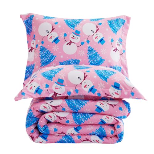 Image of Yibeizi Pink Christmas Comforter Set Twin Kids Cute Snowman Xmas Bedding