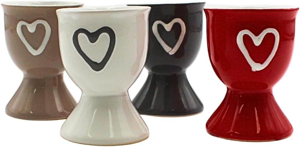 Dekohelden24Ceramic holder/egg shell with heart, set of 4, dimensions per cup H/diameter approx. 7 x 5 cm, Colourful, 7 cm