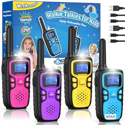 Walkie Talkies for Kids Rechargeable Long Range,WisHouse Xmas Birthday Gift for 3 4 5 6 7 8 Year Old Boys Girls,Hiking Gear Camping Games Cool Toys with NOAA,SOS Siren,Lamp,Lanyards,Easy to Use,4 Pack Cover