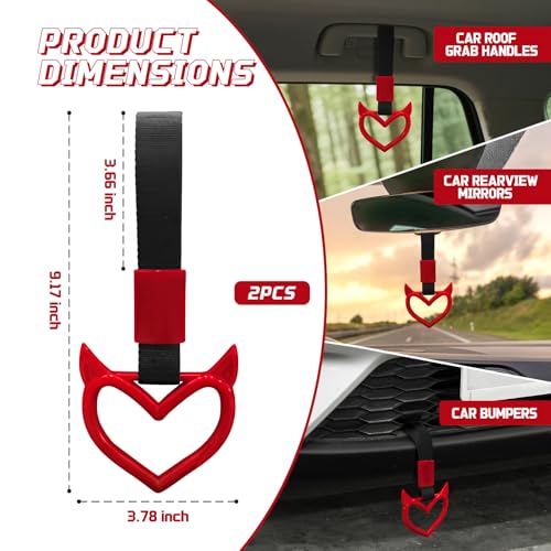 Image of 2 Pcs Devil Heart Shaped Car Handle Strap - Drift Charm Rear Bumper Warning Ring Decor for Car Interior Exterior, Subway Bus Handle Accessory, Cute Heart Car Decor Gift for Drivers (Red)