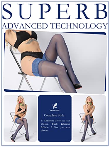 Image of DORALLURE Thigh High Stockings Silicone Lace Top Stay Up Silky Semi Sheer Pantyhose for Women Hold Up Nylon
