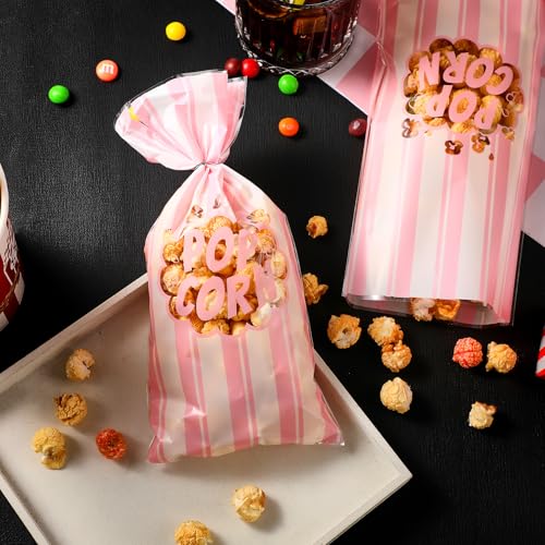 Image of 200 Pcs Popcorn Bags Bulk Movie Night Pop Corn Plastic Bags for Popcorn Machine Pop Corn Snack Containers with Twist Ties for Carnival Graduation Party Supplies (Cute,Pink)