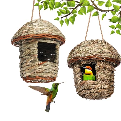 Pochette perchoir suspendue en paille tressée main pour nidification d'oiseaux sauvages