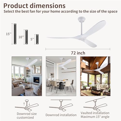 White Modern 72 Inch Outdoor Ceiling Fan with Remote, Wood 3 Blade High CFM Wet Rated Ceiling Fans for Patios Porch Gazebo -Propeller Ceiling Fan for Indoor Living Room Bedroom Kitchen