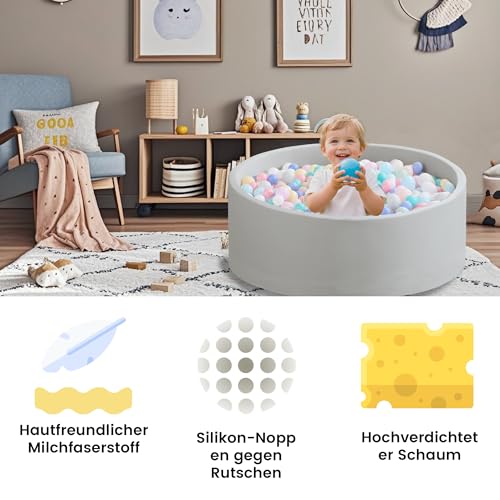 Zedachica Bällebad Baby 90Cmx30Cm Schaumstoff Rund Bällebad Kinder Baby ab 1 Jahr für Innen und Außenbereich Mädchen und Jungen, (Grau, Ohne Bälle)