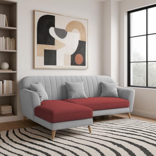 Image of Atticus LHS 4 Seater L Shape Sofa Set with Ottoman for Living Room (Maroon Grey Fabric) Premium Fabric Sofa Set
