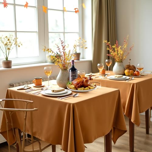 Image of sancua Square Tablecloths Fall Table Cloth Light Brown, 54x54 Inch 2 Pack | For Square or Round Tables, Washable Polyester Cover for Thanksgiving Dinner, Holiday Party, Display Tables, Bronze