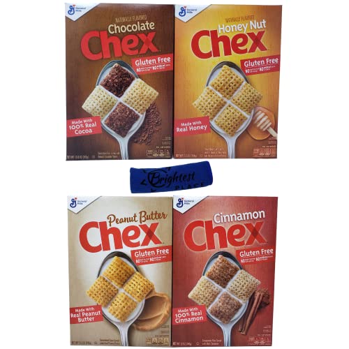 Brightest Place Variety Pack Breakfast Snack Mix Chex Cereal - Chocolate, Peanut Butter, Honey Nut, Cinnamon (Pack Of 4) Plus Cleaning Cloth #TOP23