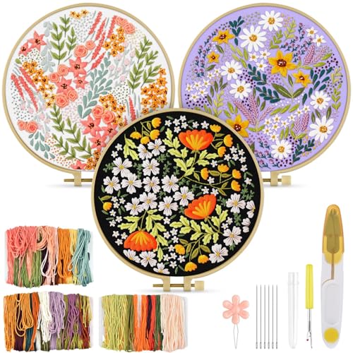 Image of TINDTOP Embroidery Kit for Adult, 3 Pack Embroidery DIY Starter Kit, with Stamped Patterns, Hoop, Tools, Colorful Threads with Needles, Instructions (Bouquet) | with Stamped Patterns, Hoop, Tools, Colorful Threads with Needles, Instructions (Bouquet)