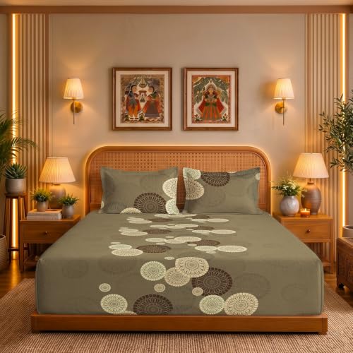 Image of Urban Space Serene 300TC 100% Cotton Bedsheet for Double Bed, Panel Design Bedsheet, Printed Queen Size Bed Sheet with 2 Pillow Covers (90 x 100 Inches, Moonstone Moss Brown)