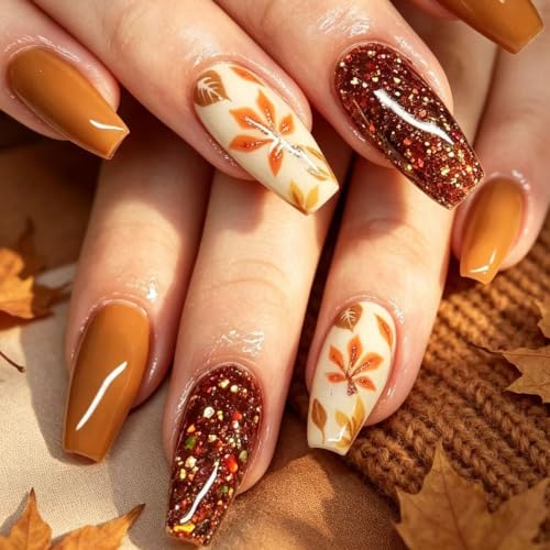 Thanksgiving Press on Nails Fall Maple Leaf Glitter False Nails