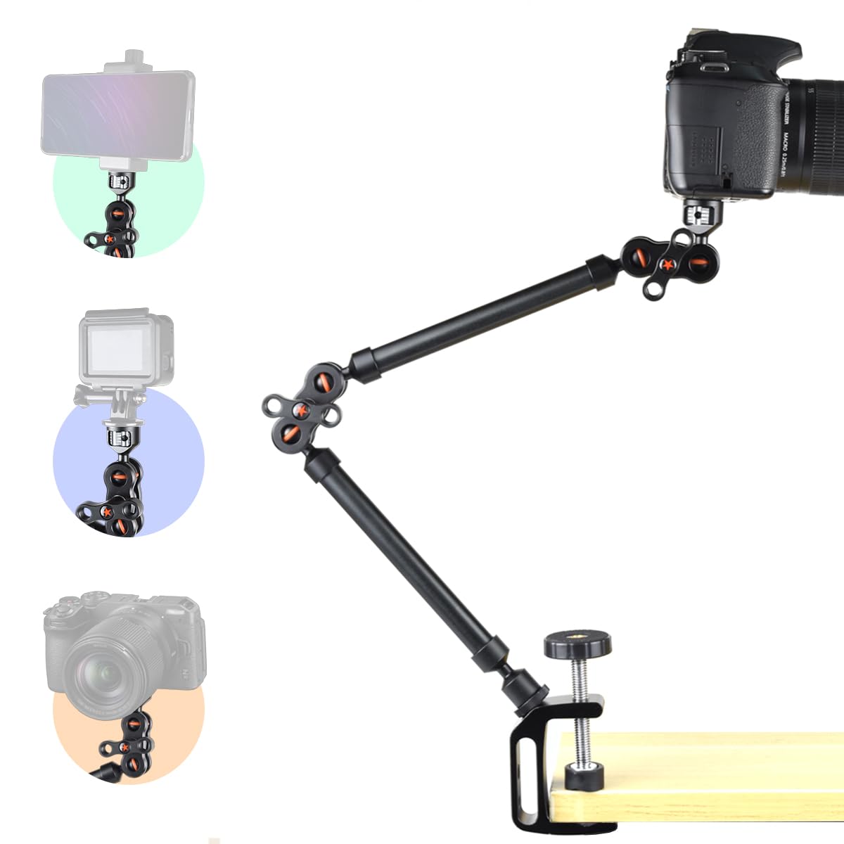 Brazo mágico ajustable de 53 cm con súper abrazadera, soporte de teléfono superior, soporte y abrazadera de cámara de escritorio resistente, brazo de fricción articulado para luz, cámara web