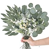 HO2NLE 54 Pcs Mixed Eucalyptus Leaves Stems 9 Kinds Artificial Leaves for Flower Arrangements Daisy Flowers Faux Greenery for Floral Wreath Bouquets Wedding Table Centerpieces Home Decoration