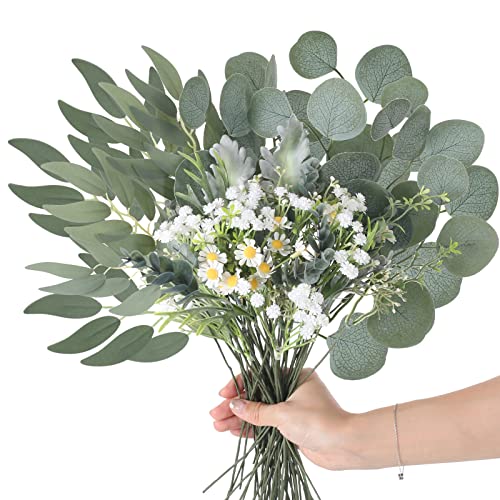 HO2NLE 54 Pcs Mixed Eucalyptus Leaves Stems 9 Kinds Artificial Leaves for Flower Arrangements Daisy Flowers Faux Greenery for Floral Wreath Bouquets Wedding Table Centerpieces Home Decoration