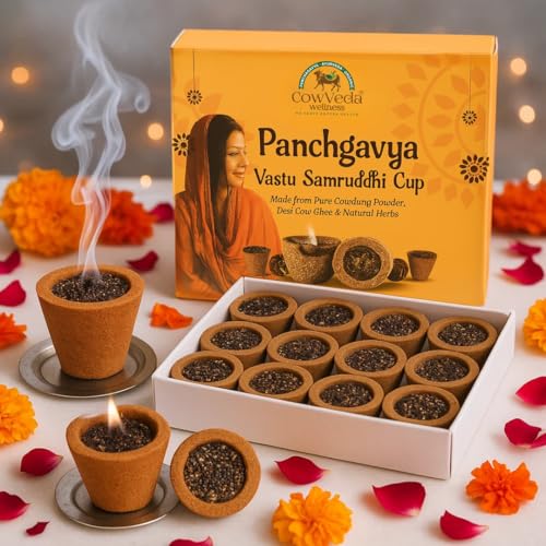 CowVeda's Panchgavya Havan Dhoop Cup Gir Cow Dung | Creates Oxygen | Natural Vedic Fragrance for Daily Pooja, Meditation & Air Purification | 12 Cups (Pack of 2)
