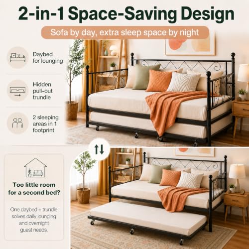 Image of Garvee Daybed with Trundle, Trundle Bed Twin with Heart-Shaped Headboard, Sturdy Metal Sofa Bed, Heavy-Duty Metal Bed Frame Support, for Living Rooms, Bedrooms, and Guest Rooms, Easy Assembly