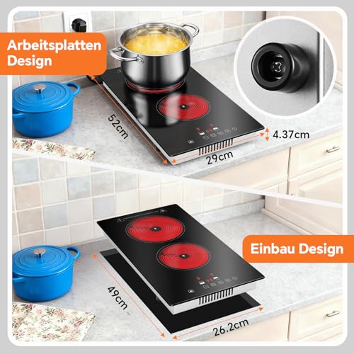 Glaskeramikkochfeld 2 Platten, TopStrong 3000W Kochfeld mit Stecker, 2-in-1 Freistehend/Einbau-Design Herdplatte 2 Kochfelder, 9 Heizstufen, Touch-Steuerung, 1-99 Min Timer, Geeignet für Alle Töpfe