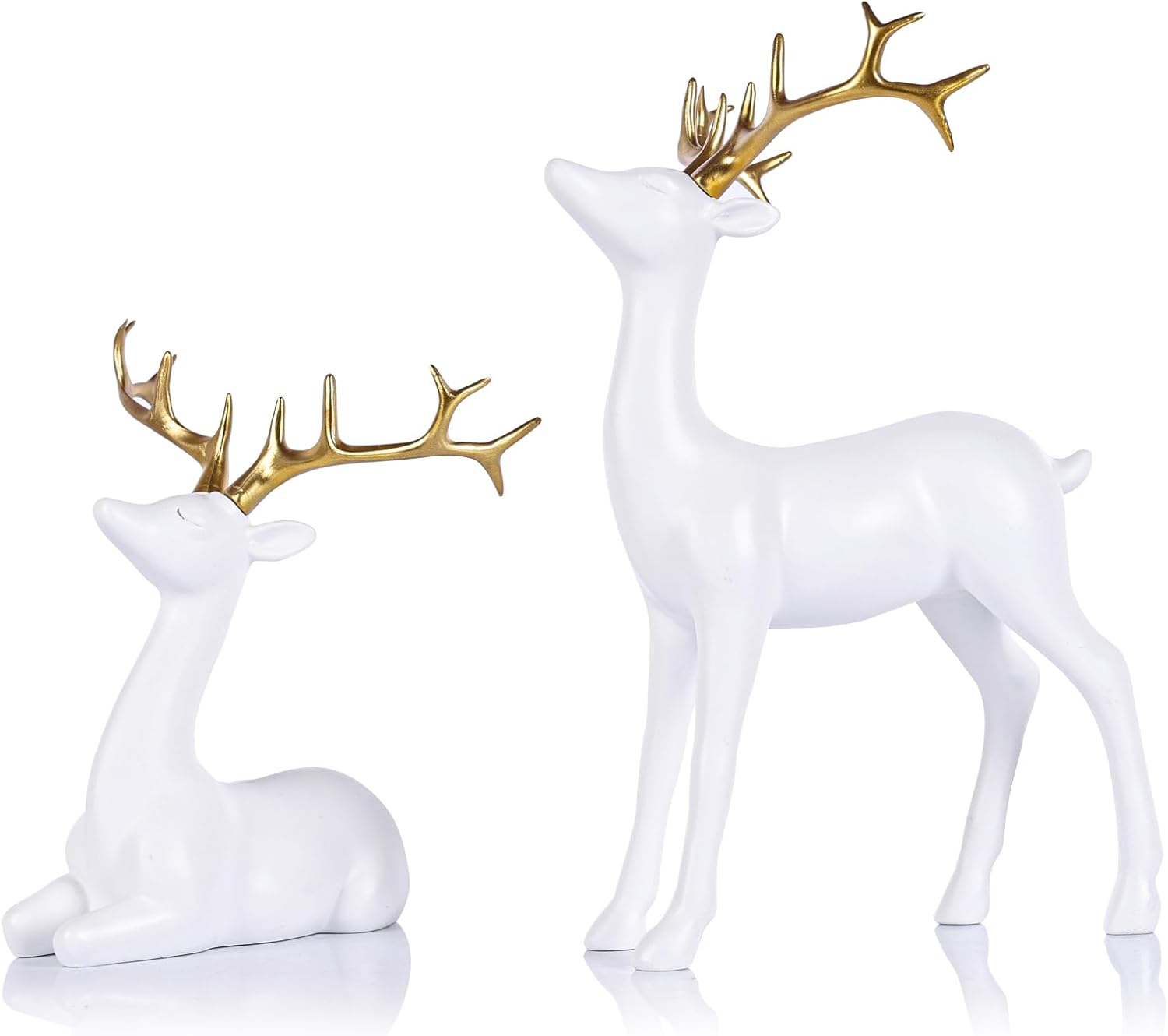christmas reindeer figurines set of 2, white deer statues for home decor, small reindeer christmas decorations indoor, resin deer figurines for tabletop, shelf & mantle holiday centerpiece decor 2pcs white deer