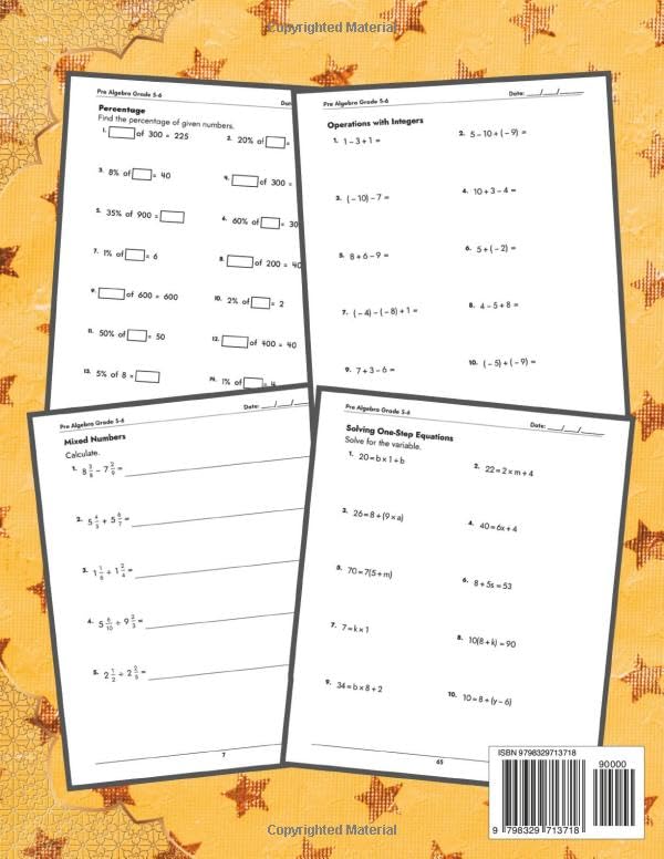 Pre Algebra Workbook Grade 5-6: with Integers, Decimals, Mixed Numbers, Exponents, Roots, Place Value, Percent, Ratio and Proportion, Word Problems, ... Answers, Ages 10-12 (Math Practice Workbooks) - Image 2