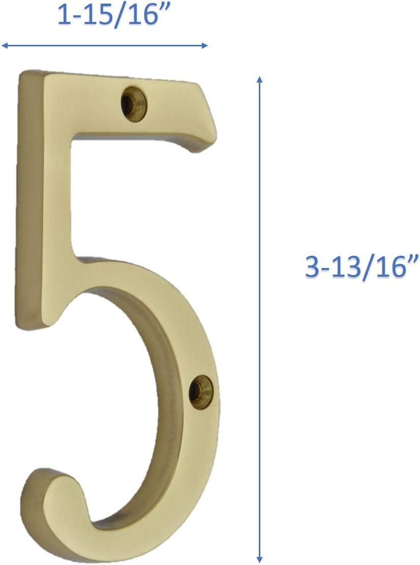 QCAA Traditional Heavy Solid Brass House Number 5, 4", Polished Brass Lacquered, 1 Pack, Made in Taiwan