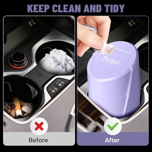 Image of Car Trash Can Bin with Lid - Car Garbage Can Cup Holder - Light Purple Mini Leakproof Vehicle Garbage Bin with 20pcs Trash Bags-Automotive Organizers and Storage for Front Back Seat Accessories