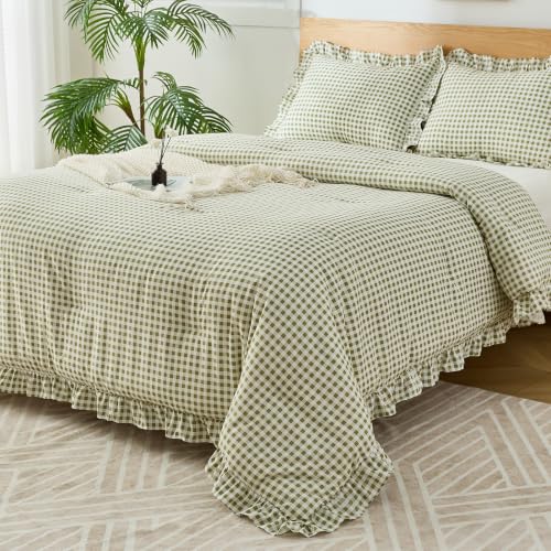 kisswish King Ruffle Gingham Comforter Set Sage Plaid Farmhouse Bedding