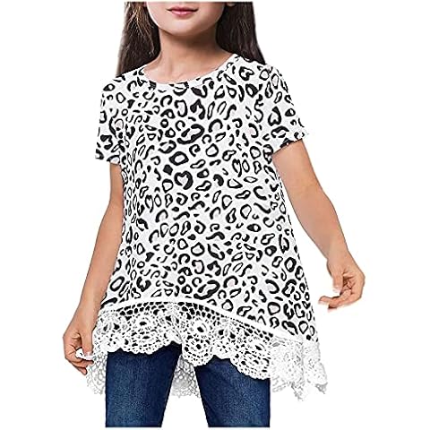 Girls Clothes, SHOBDW Toddler Baby Girls Short Sleeve Lace Sunflower Leopard Printed T-Shirt Tops Summer Casual Loose Blouse(White,8-9 Years) Cover