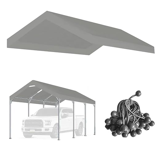 10'x20' Upgraded Carport Replacement Top Canopy Cover for Car Garage Shelter Tent Party Tent with Ball Bungees Grey (Only Top Cover, Frame is not Included)