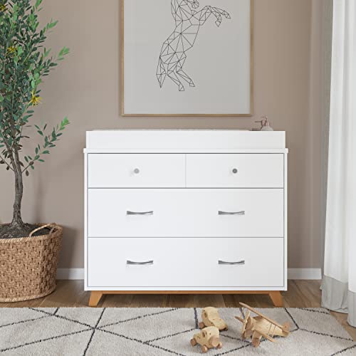 Child Craft Soho 3 Drawer Mid-Century Modern Dresser With Changing Topper, Anti-Tip Kit, Extra-Large Storage For Baby Nursery, Kid’s Room (White/Natural) #TOP1