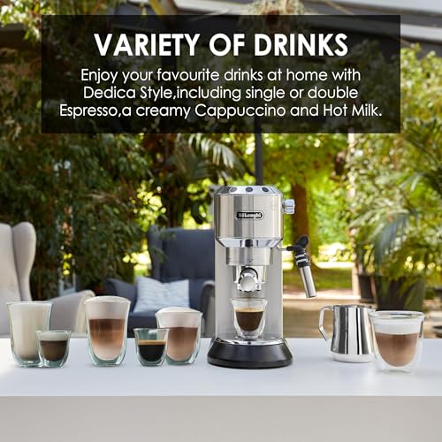 Image of De'Longhi Dedica Style Espresso Machine with Milk Frother, 15-Bar Pressure, Original Italian Barista Style Coffee Maker for Home, Make Espresso, Latte, Cappuccino & Iced Coffee, Metal Finish, EC685.M