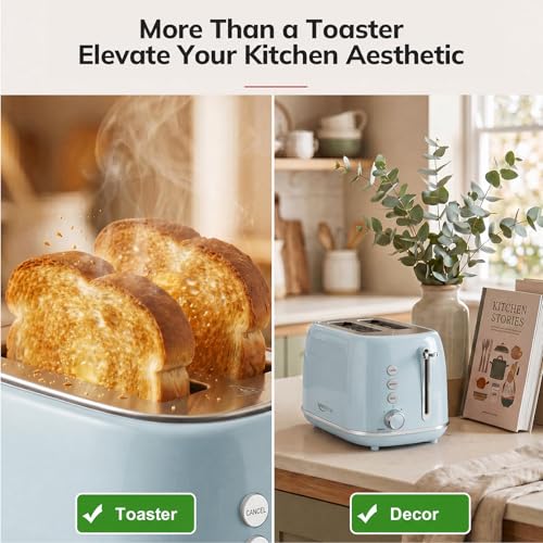 Image of Retro 2 Slice Stainless Steel Toaster with 6 Bread Shade Settings, Bagel, Cancel, Defrost Function, Extra Wide Slot, Removable Crumb Tray, Blue