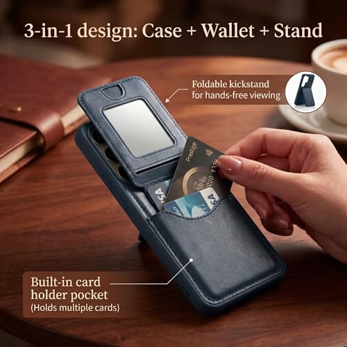 Image of amazon basics Premium Vegan Leather Back Cover with Card Holder and Integrated Mobile Stand for Samsung Galaxy S26 Ultra 5G - Slim Shockproof Wallet Case with Geometric Stitching [Blue]