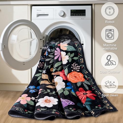 Runner Rug for Entryway: 2x6 Kitchen Rugs Non Slip Washable Ultra-Thin Soft Floral Carpet Indoor Floor Stain Resistant Carpets for Hallway Bedroom Kitchen Laundry Bathroom Dorm Black