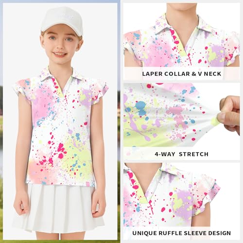 Soneven Girls Ruffle Sleeve Polo Shirts V-Neck Golf Tennis T-Shirts Uniform Shirts Quick Dry for 4-14 Years2