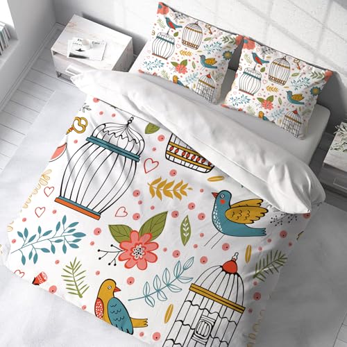 Parure de lit microfibre anti-plis 228x264cm motif oiseaux et fleurs