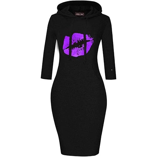 MAGICMK Women Long Sleeve Print Lips Slim Fitted Knee Length Sweatshirt With Pocket Casual Pullover Hoodie Dress