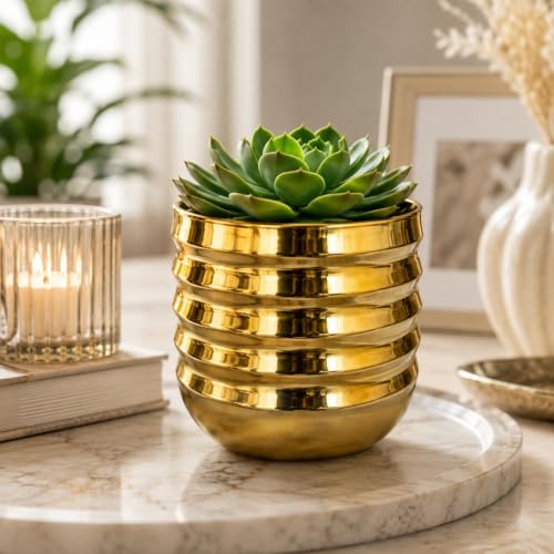 Image of ecofynd 1 Pack 5 Inch Gold Metal Flower Pot, Modern Decorative Indoor Planter for Small Plants, Tabletop Plant Pot for Home, Office, Living Room, Bedroom, Shelf & Windowsill Decor (POT057-GO)