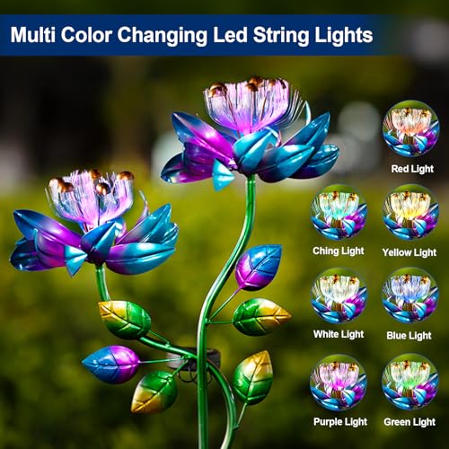 Solar Wind Spinners Blue Twin Flowers for Yard and Garden, Solar Windmill Garden Whirligig Kinetic Spinners Decor for Lawn, Patio, Yard, Metal Wind Outdoor Sculpture - Thumbnail 4