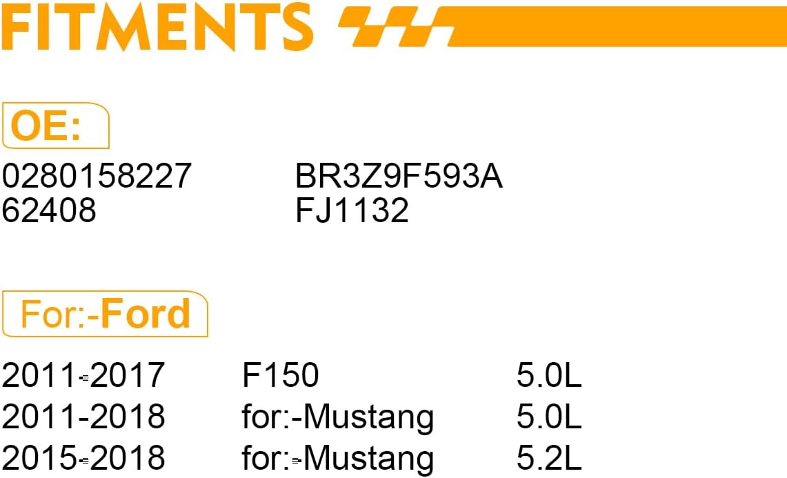 0280158227 Fuel Injectors For:-Ford F150 2011-2017 5.0L, For:-Mustang 2011-2018 5.0L, For:-Mustang 2015-2018 5.2L, Replacement BR3Z9F593A, FJ1132 (Set of 8)