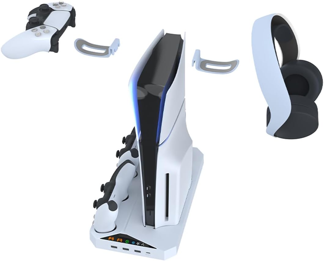 FPS5 Cooling Station with Controller Charger for PS5 Slim Accessories, Charging Station with Cooling Fan and 3 USB Hub/Headset Holder for PS5 Slim Disc/Digital Console, White