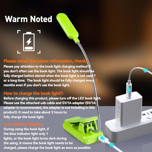 Image of VAVOFO Rechargeable Book Light for Reading in Bed Kids, 7 LED Reading Light with 9-Level Warm Cool White Daylight, Eye Care Lamp with Power Indicator for Bookworms (Neon Green)