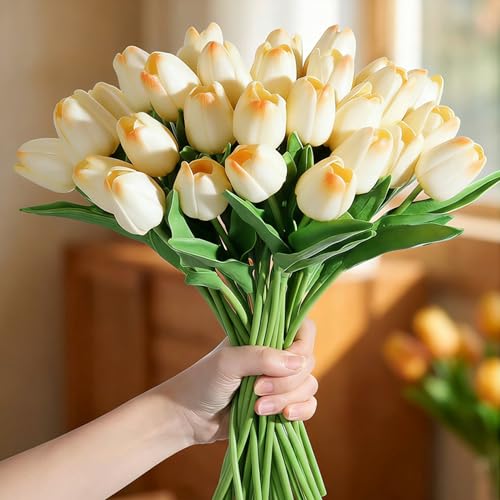 Image of 20Pcs Stems 13.5 Inch Champagne PU Artificial Moisturizing Tulips, Faux Tulips Flowers for Thanksgiving Christmas Decorations Wedding Home Table Vase Floral Arrangements
